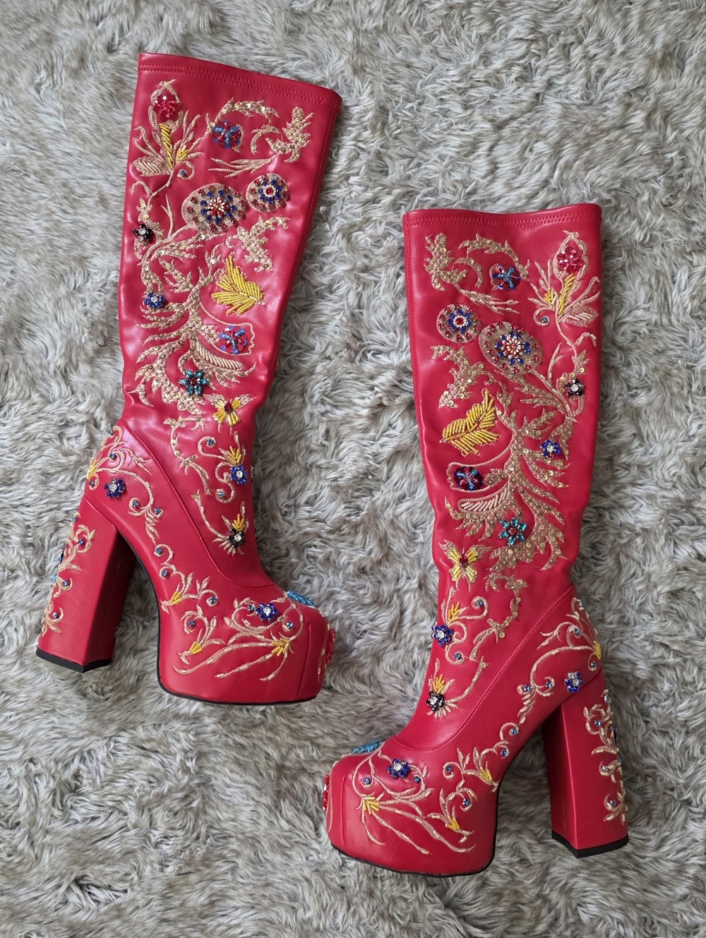 Azalea Wang All‎ About The Details Hand Beaded Chunky Boots Red Women's Size 7